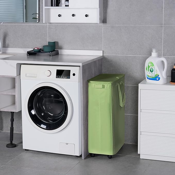 Vincona Slim Laundry Hamper with Lid and Wheels, Small Rolling Laundry Basket with Handle for Small Spaces, Tall Dirty Clothes Hampers for Dorm, Bathroom and Bedroom, 75L Sage Green