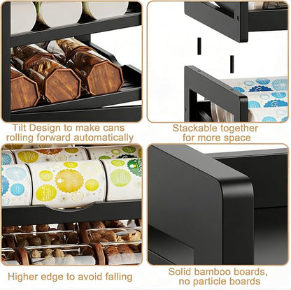 BAMBANG Can Organizer for Pantry, Detachable Bamboo 4 Tier Stackable Can Food Storage Rack, Rolling Soda Can Dispenser Can Holders for Cabinet, Holds Up to 48 Cans, Black