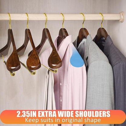 Amber Home 6 Pack Retro Wooden Suit Hangers with Gold Hook, Vintage Wide Shoulder Suit Hangers with Gold Pants Locking Bar, Wood Jacket Clothes Hangers for Sweater, Pants, Heavy Clothes