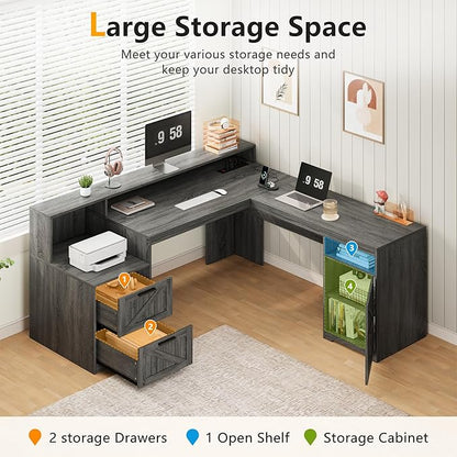 63" Farmhouse L Shaped Executive Desk with Drawers & Storage Shelf, Corner Computer Desk with Power Outlets, L Shaped Office Desk with Monitor Stand, Printer Shelf, Dark Gray