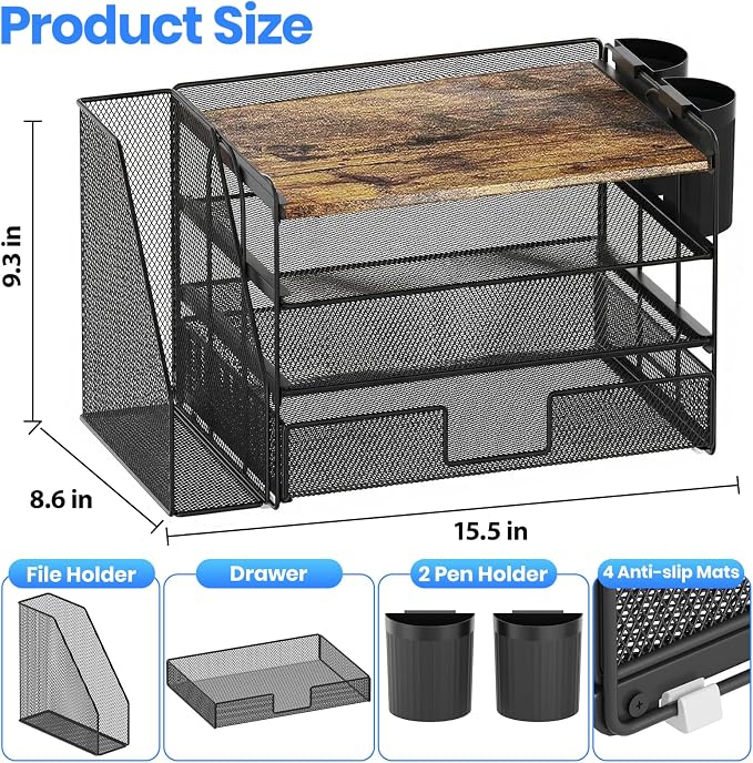 OPNICE Wood Desk Organizers and Accessories, 4-Tier Desktop File Organizer with Drawer and 2 Pen Holders, Office Desk Accessories Workspace Organizers for Office Supplies(Wood)