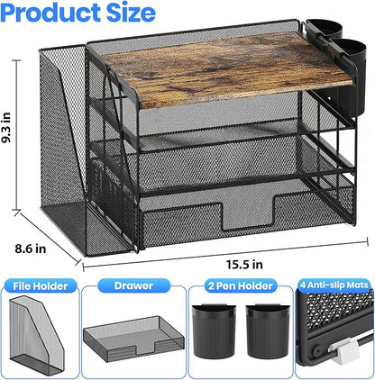 OPNICE Wood Desk Organizers and Accessories, 4-Tier Desktop File Organizer with Drawer and 2 Pen Holders, Office Desk Accessories Workspace Organizers for Office Supplies(Wood)