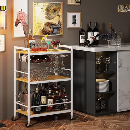 TUTOTAK Bar Cart, Serving Cart for Home, Microwave Cart, Drink Cart, Mobile Kitchen Shelf with Wine Rack and Glass Holder, Rolling Beverage Cart BC01BOW030