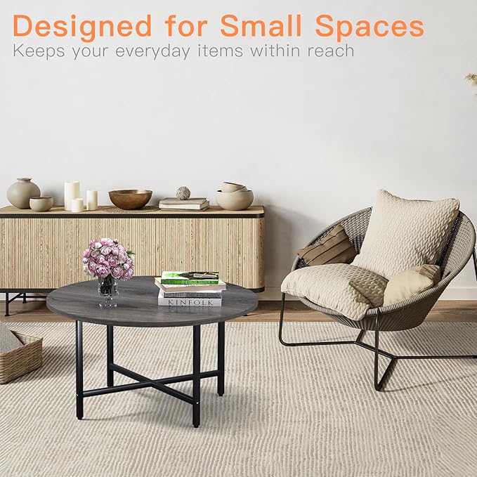 Round Coffee Table, 23.6" Small Coffee Tables for Living Room, Circle Coffee Table with Metal Frame, Floor Table Desk for Sitting on The Floor, Home, Office, Grey