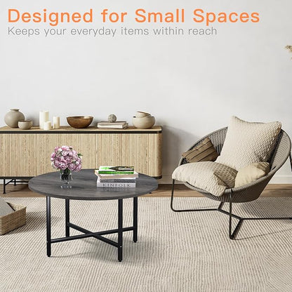 Round Coffee Table, 23.6" Small Coffee Tables for Living Room, Circle Coffee Table with Metal Frame, Floor Table Desk for Sitting on The Floor, Home, Office, Grey