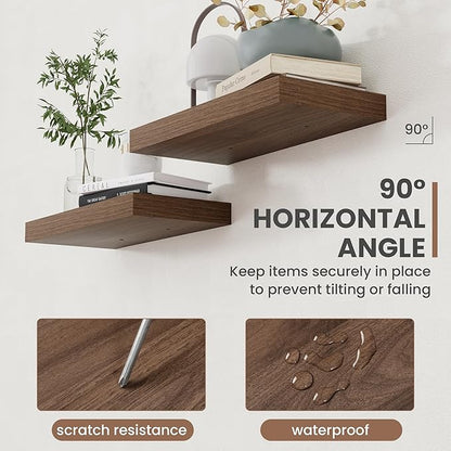 Acovy 16 Inch Floating Shelves, 8 Inch Deep Floating Shelves for Wall, Hanging Shelf with Invisible Brackets, Deep Shelves for Bathroom, Bedroom, Living Room, Walnut, Set of 2