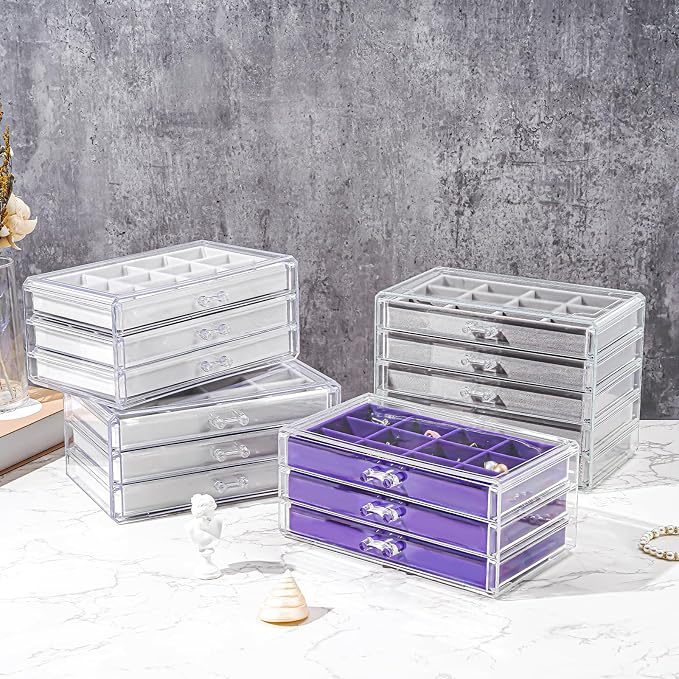 ProCase Earring Holder Organizer Jewelry Box with 3 Drawers, Acrylic Clear Earring Case with Adjustable Velvet Trays for Women - Purple, 3 Layers