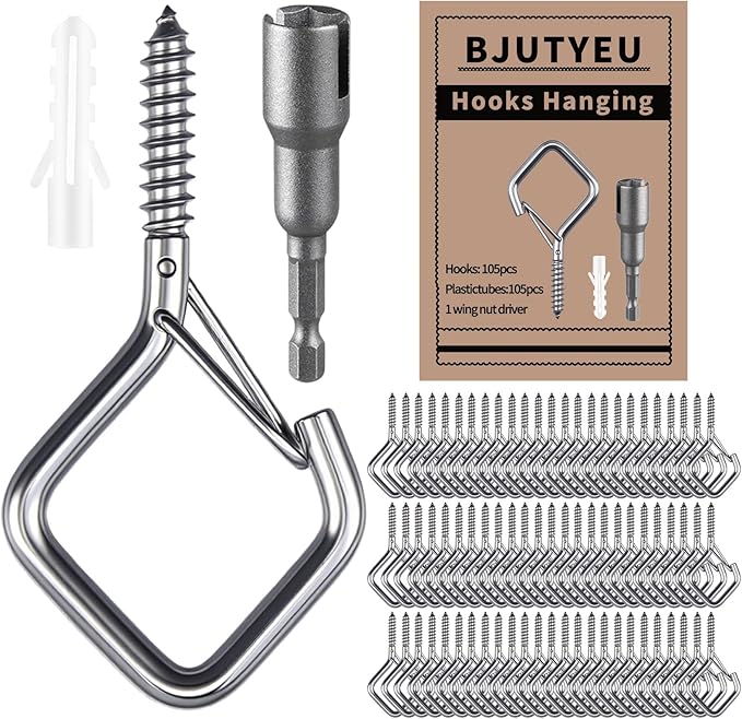 Screw Hooks 2.16 Inch, Metal Ceiling Hooks for Outdoor String Lights, Wind Chimes, Lanterns, and Hanging Decorations Indoor and Outdoor (304 Stainless Steel, 105)