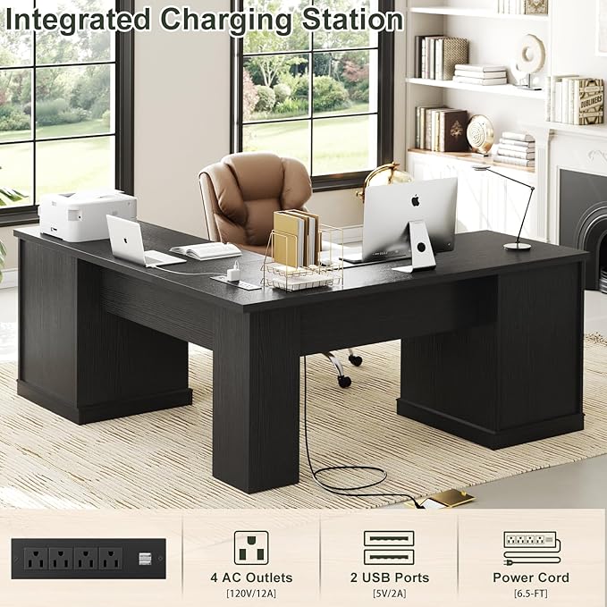 Unikito Farmhouse L Shaped Executive Desk with File Drawers, 60" Corner Computer Desk with Power Outlets, Large 2 Person Home Office Table with Storage Cabinet, Sturdy Writing Desk, Black