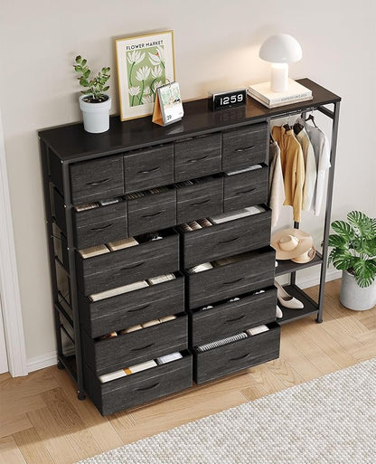 GarveeHome Dresser with 16 Drawers & Hanging Rod & Shelves, Fabric Storage Organizer for Bedroom, Closet, or Entryway