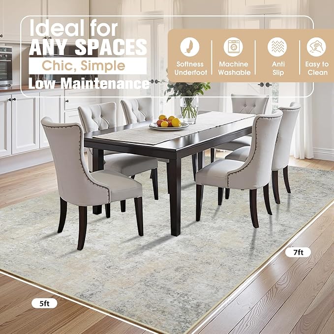 5x7 Area Rugs for Living Room Rug Washable: Abstract Rug for Dining Room Bedroom Carpet Non Slip 5 by 7 Indoor Modern Nursery Home Office Beige Grey
