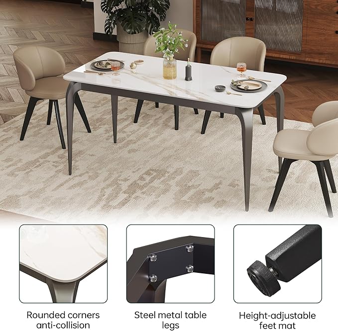 Dining Table, Sintered Stone Kitchen Table, 55'' White Modern Rectangular Slate Patio Table with Metal Legs, Indoor Outdoor Stone Dining Table for Patio, Backyard, Scratch and Heat Resistant