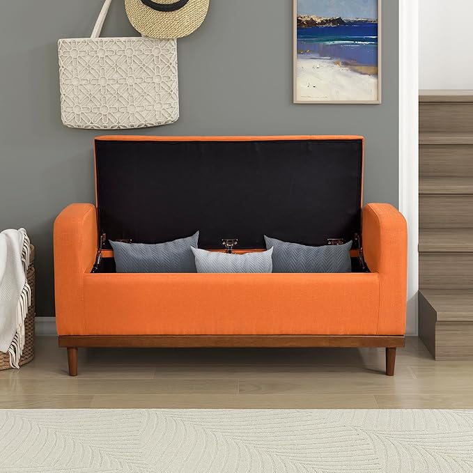 Lexicon Armed Fabric Storage Bench, Button-Tufted Storage Ottoman Bench, Lift-top Bench with Solid Wood Frame and Legs for Hallway, Bedroom End of Bed, Entryway, Living Room, Orange