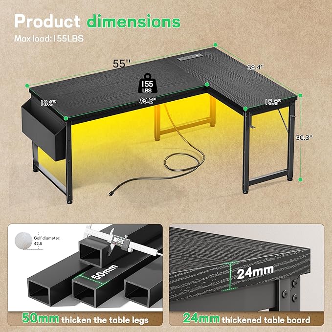 L Shaped Desk Gaming Desk with Power Outlets & 0.95 Inch Thicker Desktop, Computer Desk with Storage Bag, Corner Desk with LED Lights, Reversible Office Desk for Home, Living,Bedroom, Black