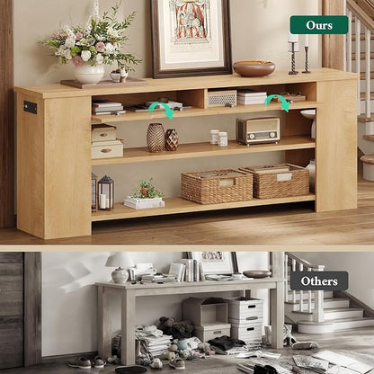 71.8" Extra Long Console Table, Farmhouse Entryway Table Behind Couch with Generous Storage and Built-in Outlet, Sturdy Sofa Table for Living Room, Entrance, Hallway, Foyer, Natural Wood