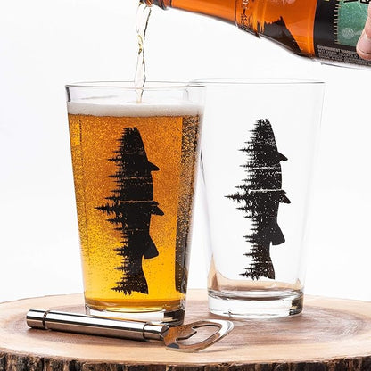 Pint Glasses with Fish and Forest Screen Print - 16 oz. Beer Glasses for Craft Beer - Fishing Gifts and Glasses for Fisherman - Trout and Forest