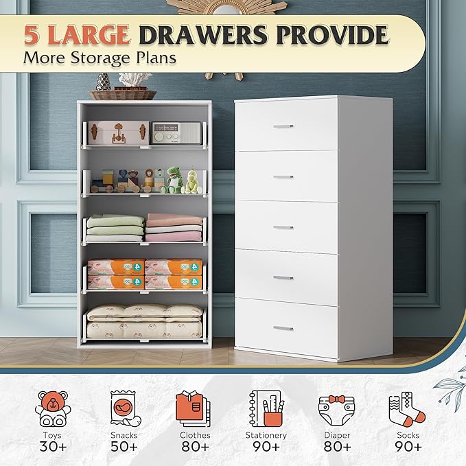 WLIVE Tall Dresser for Bedroom, Wood Chest of Drawers with Mental Handles, White Bedroom Dresser with 5 Drawers, Modern Minimalist Closet Store Organizer for Living Room, Hallway