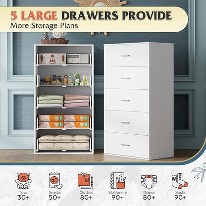 WLIVE Tall Dresser for Bedroom, Wood Chest of Drawers with Mental Handles, White Bedroom Dresser with 5 Drawers, Modern Minimalist Closet Store Organizer for Living Room, Hallway