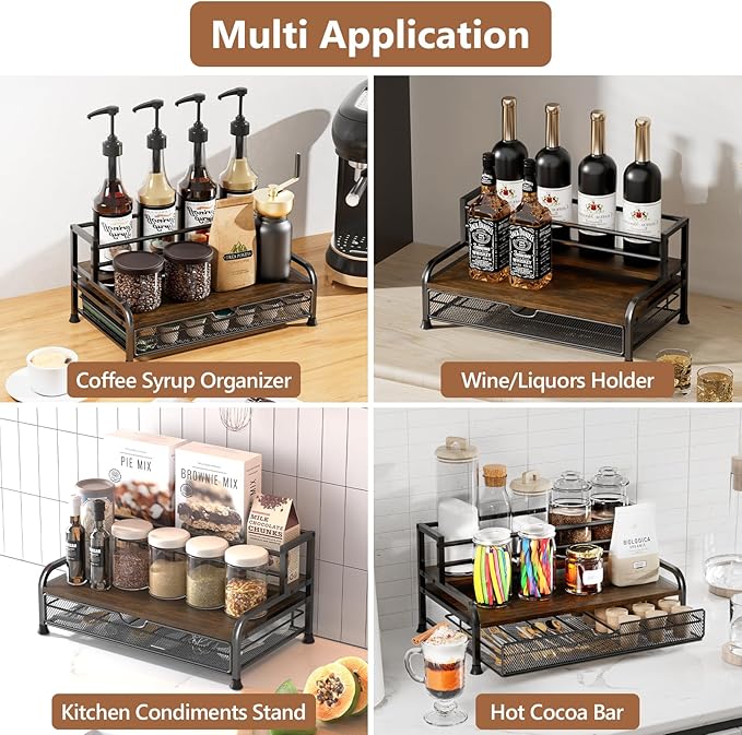 Coffee Syrup Rack Organizer, 3-Tier 8 Bottles Syrup Rack with 35 K Cup Storage Basket for Coffee Bar, Countertop Bottle Holder Stand for Wine, Dressing for Kitchen Cafe Station