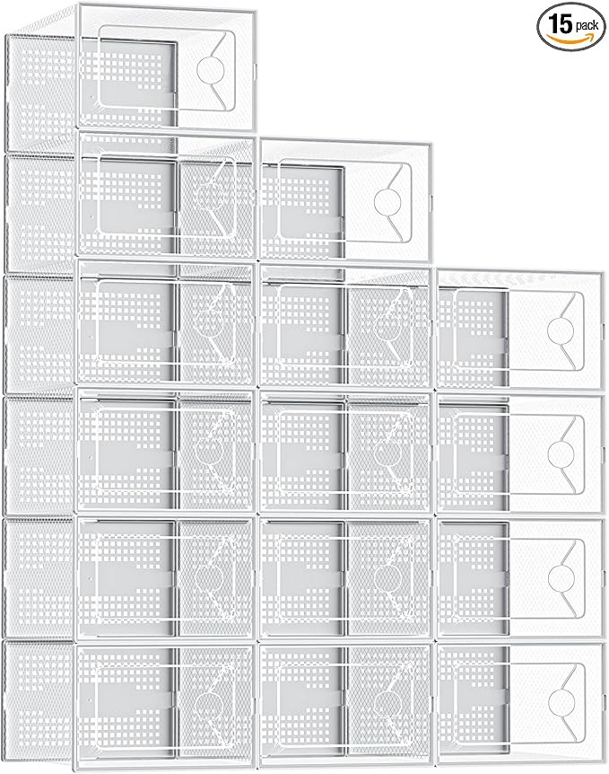 Sweetcrispy Shoe Storage Boxes, Clear Plastic Stackable Shoe Rack Organizer with Lids for Closet, Foldable Sneaker Container, Under Bed and Entryway, 15 Pack, Clear White