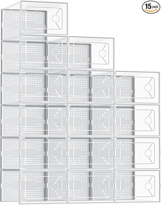 Sweetcrispy Shoe Storage Boxes, Clear Plastic Stackable Shoe Rack Organizer with Lids for Closet, Foldable Sneaker Container, Under Bed and Entryway, 15 Pack, Clear White