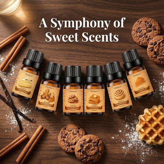 Bakery Essential Oils Set for Diffusers 6x10ml-Chocolate Cookies,Vanilla Cake,Cinnamon Rolls,Pumpkin Pie,Gingerbread,Waffles,Fragrance Oils for Candle&Soap Making