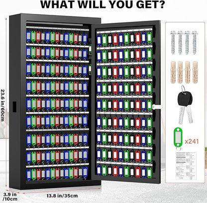 225 Keys Key Lock Box Wall Mount with Additional 16 Side Hooks and Key Tags, Anti-Theft Key Box Key Cabinet with Side Opening, Key Organizer Key Safe for Home Office Garage Rental Business