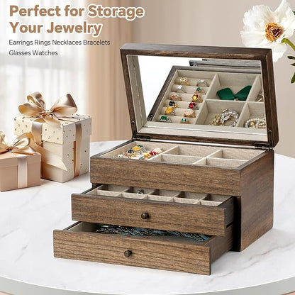 Meangood Jewelry Box Organizer for Women, 3 Layer Large Jewelry Storage Case, Rustic Wooden Jewelry Box with Mirror & Ring Tray for Necklace Earring Bracelets Rings, Vintage Style (Walnut)