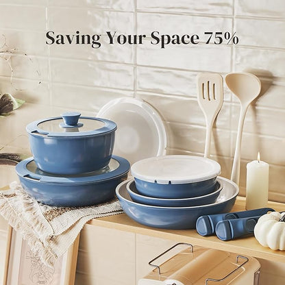 Redchef 16pcs Ceramic Nonstick Pots and Pans Set, Kitchen Cookware Set with Removable Handle, Non Toxic Cookware Set, PFAS PFOA & PTFE Free, RV Ceramic Cookware for Camping, Dishwasher/Oven Safe