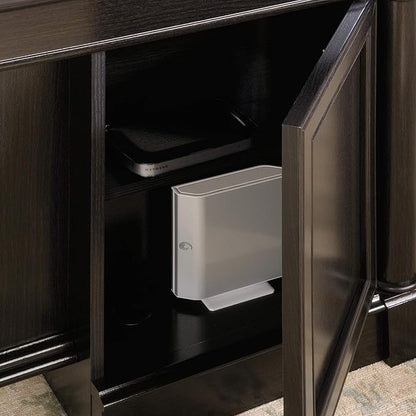 Sauder Palladia Office Desk with Drawers, Executive Desk with File Cabinet Storage, Cable Management, Keyboard Tray, in Wind Oak Finish