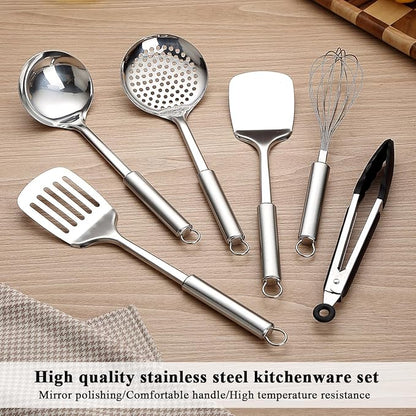ReaNea Stainless Steel Cooking Utensils Set 6 Pieces, Kitchen Tools Set Include Metal Spatula Set, Skimmer, Ladle, Tong, Whisk, Kitchen Gadgets Essentials New Home Must Have