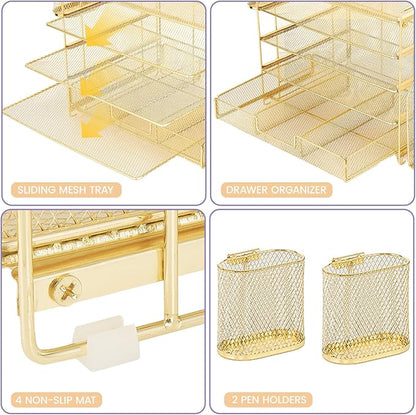 OPNICE Desk Organizer, 5-Tier Paper File Organizer with Drawer & Pen Holder, Office Desk Accessories, Workspace Desktop Organizer for Office Supplies(Gold)