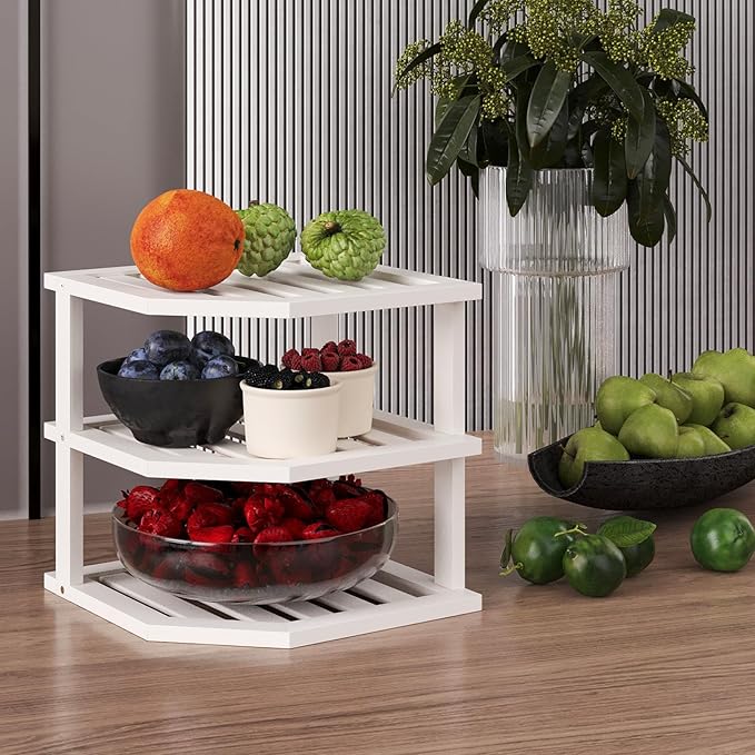 3 Tier Bamboo Corner Shelf(4 Pack),Dish Drying Rack,Plate Organizer,Kitchen Spice Rack for Countertop and Cabinet(White)