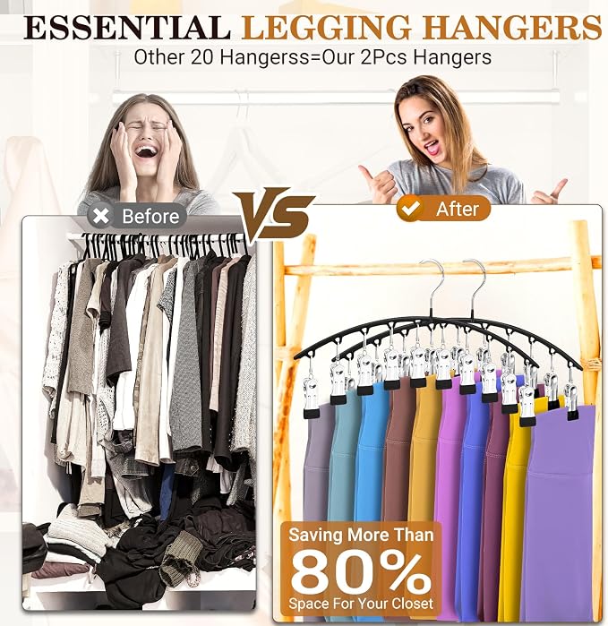 Legging Organizer for Closet, Metal Yoga Pants Hangers 2 Pack w/10 Clips Holds 20 Leggings, Space Saving, Clips Hanger for Pants, Shorts, Scarf, Hats Grey