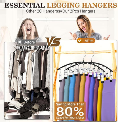 InPoTo Legging Organizer for Closet, Metal Yoga Pants Hangers 2 Pack w/10 Clips Holds 20 Leggings, Space Saving, Clips Hanger for Pants, Shorts, Scarf, Hats Black