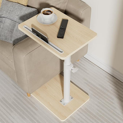 YUHFERA Sofa Armrest Tray Table for Couch - 360 Swivel Height Adjustable End Table for Small Spaces, Snack Side Table for Bed or Chair with Phone & Tablet Slot (Oak, Standard)