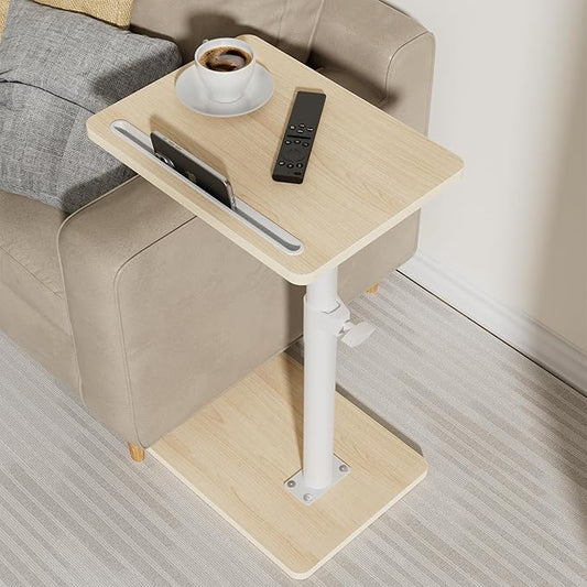 YUHFERA Sofa Armrest Tray Table for Couch - 360 Swivel Height Adjustable End Table for Small Spaces, Snack Side Table for Bed or Chair with Phone & Tablet Slot (Oak, Standard)