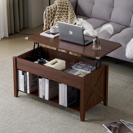 VINGLI Farmhouse Lift Top Coffee Table, Coffee Tables for Living Room with Storage Shelf/Hidden Compartment, Mesa De Centro para Sala, Rustic Brown