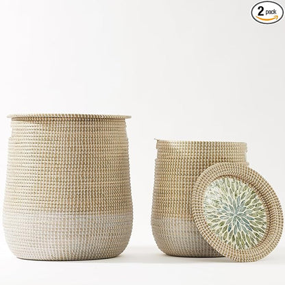 Laundry Baskets Hamper with Removable Laundry Bag, 2 Pack Pure Handwoven Storage Basket, Natural Seagrass Decorative Clothes Hamper for Living Room household, Toy Blanket Plant Organization