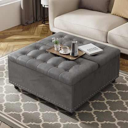 FUXA 35 Inch Large Square Ottoman with Storage, Oversized Ottoman Coffee Table with Lift Top and Wood Legs, Tufted Upholstered Storage Ottoman Bench for Living Room (Gray)