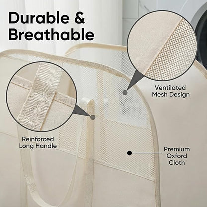 Foldable Laundry Basket with Mesh Window, Large Capacity 95L Dirty Clothes Hamper with Handles, Sturdy Steel Frame,Collapsible Laundry Hamper for Bedroom,Bathroom,Home,Dorm (Beige)