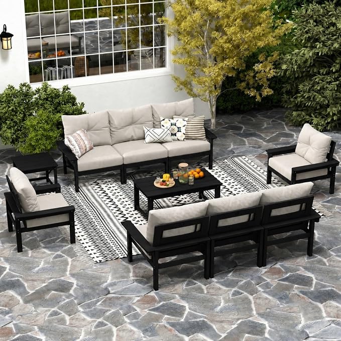 HDPE Outdoor Patio Furniture Set, 6-Piece Patio Conversation Sets with Coffee Table & Side Table & Beige Washable Thick Cushions, Outdoor Sofa for Balcony, Porch (Black Frame)