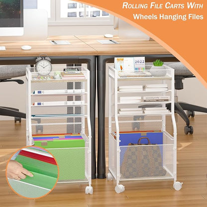 5-Tier Rolling File Cart with Lockable Wheels, Mobile Desk File Organizer Hanging File Folders Paper Letter Sliding Trays, White Wood & Mesh Hanging Folder Drawer Organization for Office, Home, School
