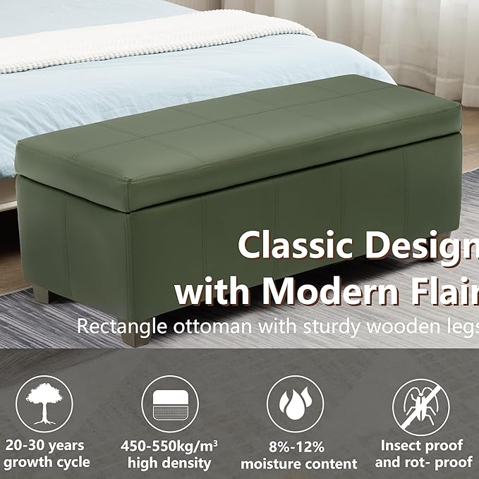 51 Inch Storage Ottoman, Storage Bench with Safety Hinge, Upholstered Synthetic Leather Ottoman Bench for Bedroom, Living Room, Entryway, Hallway, Foot Rest, Support 500lbs