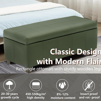 51 Inch Storage Ottoman, Storage Bench with Safety Hinge, Upholstered Synthetic Leather Ottoman Bench for Bedroom, Living Room, Entryway, Hallway, Foot Rest, Support 500lbs