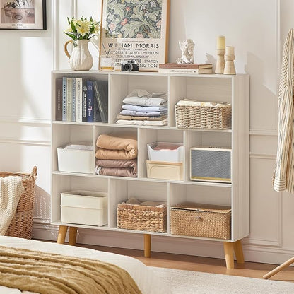 LEYAOYAO 10 Cube Bookshelf,3 Tier Modern Wide Bookcase with Legs,Mid-Century Wood Bookshelves Storage，Light Grey White Large Book Case,Freestanding Organizer Display Shelf for Living Room,Office