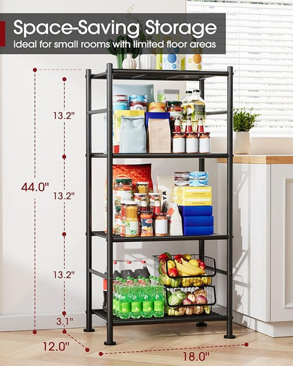 Sakugi Storage Shelves - 4 Tier Shelf Organizer, Sturdy Metal Garage Shelving with Adjustable Leveling Feet, Space-Saving Shelves Organizer for Pantry, Laundry, Kitchen (18" x 12" x 44", Black)