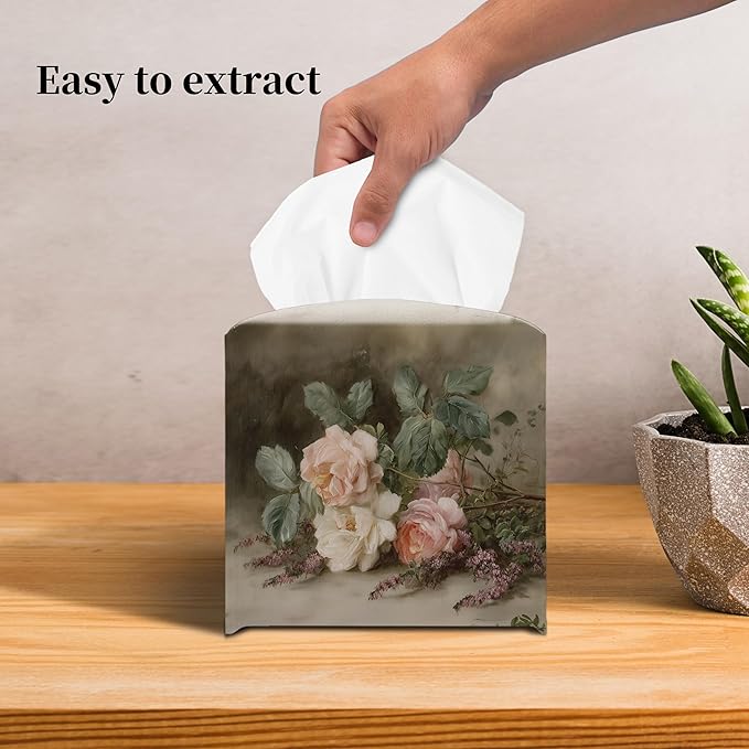 Grace Yonks Retro Tissue Box Cover Square - Vintage Garden Roses Design 5.2" PU Leather Holder for Vanity, Desk, or Bathroom Counter - Cube Case for Facial Tissues. (115)