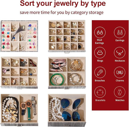BOOVO Jewelry Box For women, 6 Layer Large Jewelry Organizer With Mirror, Accessory Holder With 5 Drawers, For Earrings Necklace Ring Bracelet (woodgrain grey)
