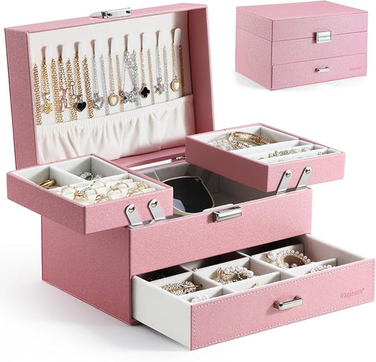 Dajasan Jewelry Organizer Box, Large Jewelry Boxes for Women Girls, Space-Saving 3 Layers Jewelry Storage Case with Drawer, Gift Idea, Movable Metal Stand, Modern (Pink)